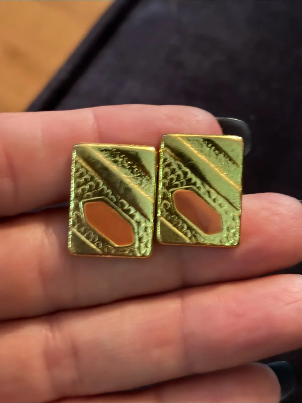 Gold-tone Textured Square cuff links  with Amber Inset